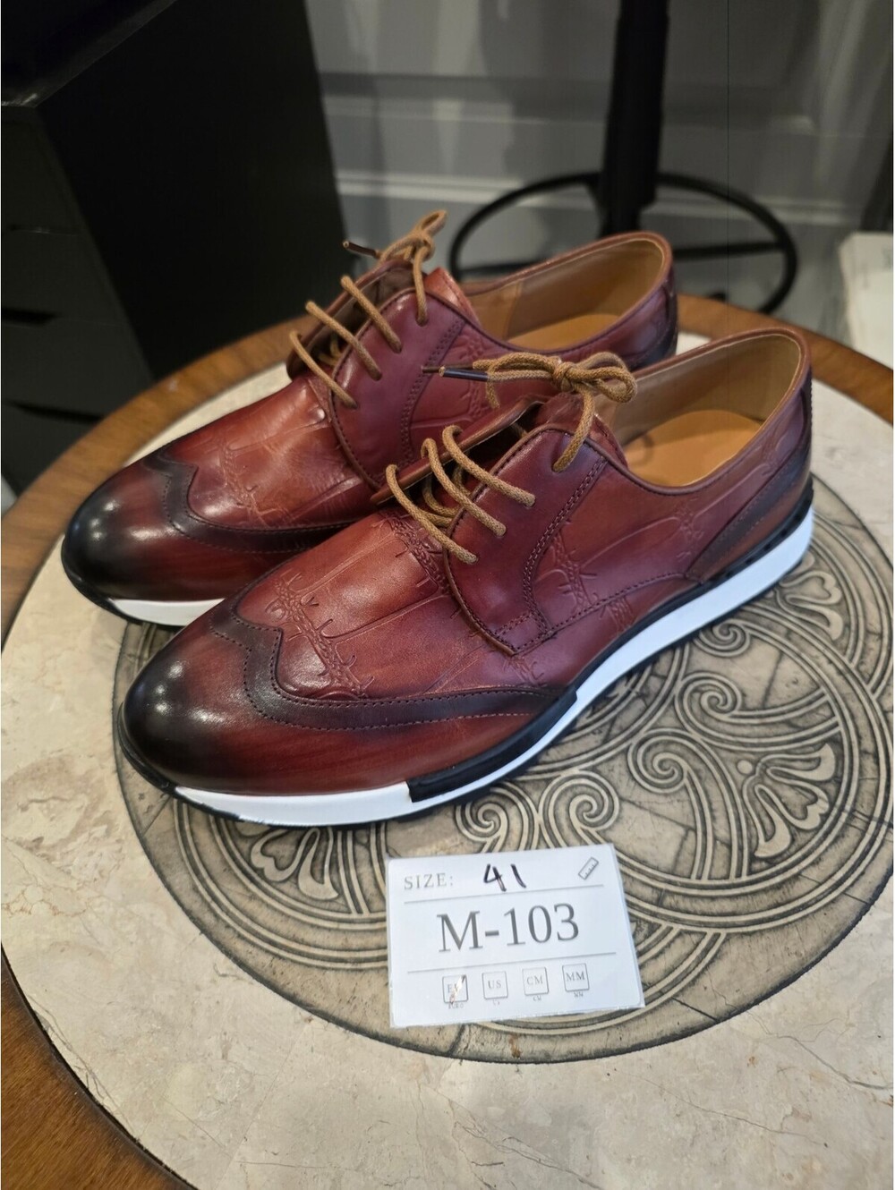 Men's Burgundy Wingtip Lace-Up Sneaker Shoes with White Sole and Croc Texture